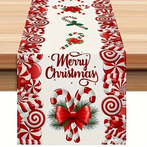 13"x72" Candy Cane and Pine Festive Holiday Dinner Christmas Table Runner - Picture 1 of 3